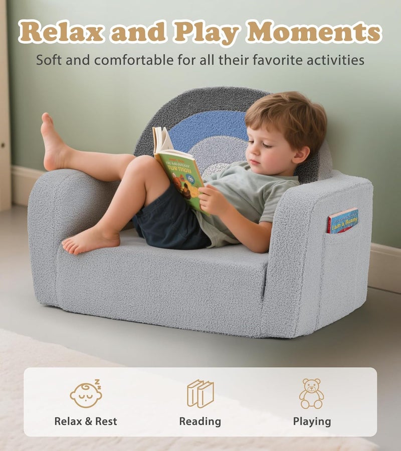 Foryoomi Kids Couch, 2-in-1 Soft Toddler Couch Fold Out with Blanket, Comfy Toddler Chair, Convertible Sofa, Gifts for Kids Girl Boys, Medium Blue Rainbow - Image 4